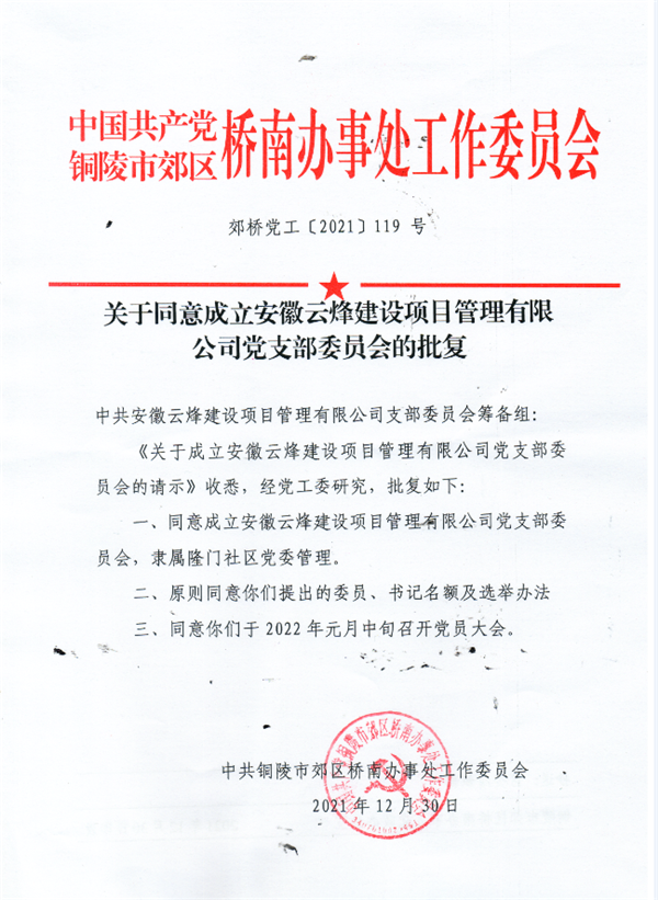 关于同意成立安徽云烽建设项目管理有限公司党支部委员会的批复